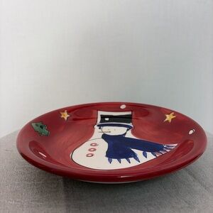 Gibson Snowman Christmas Plate 8.5” Holiday Red Ceramic(F63)@